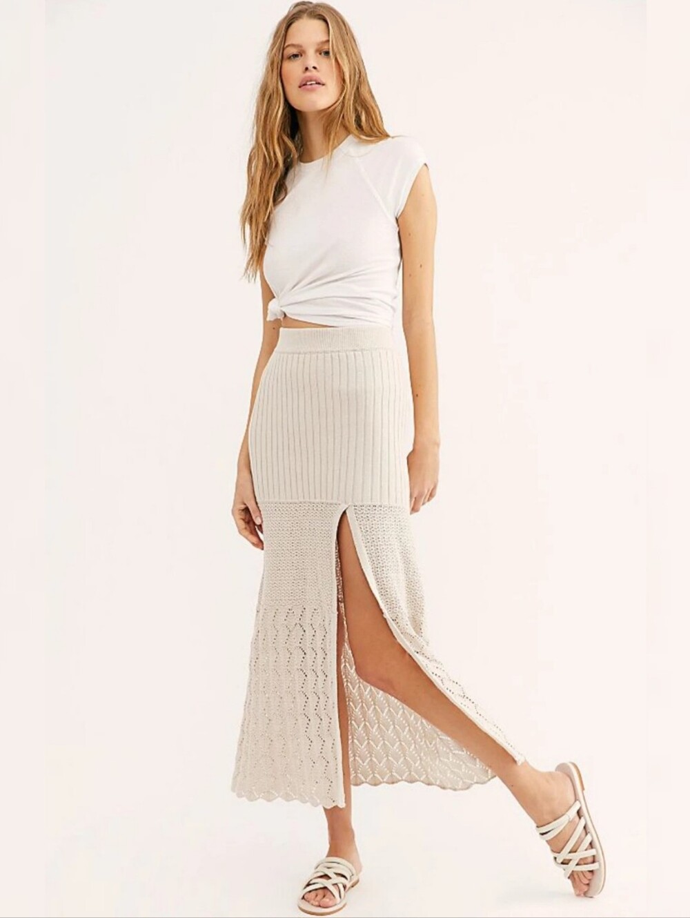Free People Bari Knit Column Maxi Skirt In Harvest Moon Cream Women's Size Large